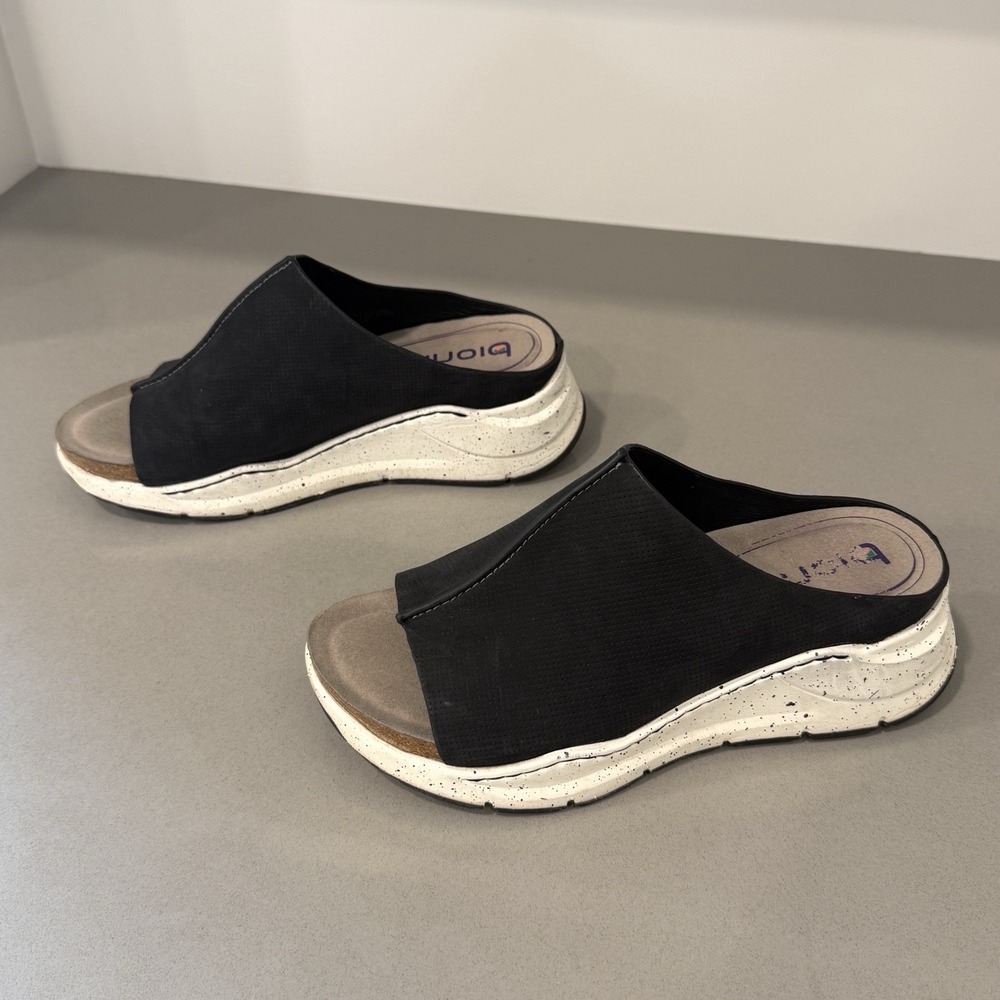 Bionica Oceana Wedge Slide 7.5 Black Leather Slip On Comfort Sporty Platform
